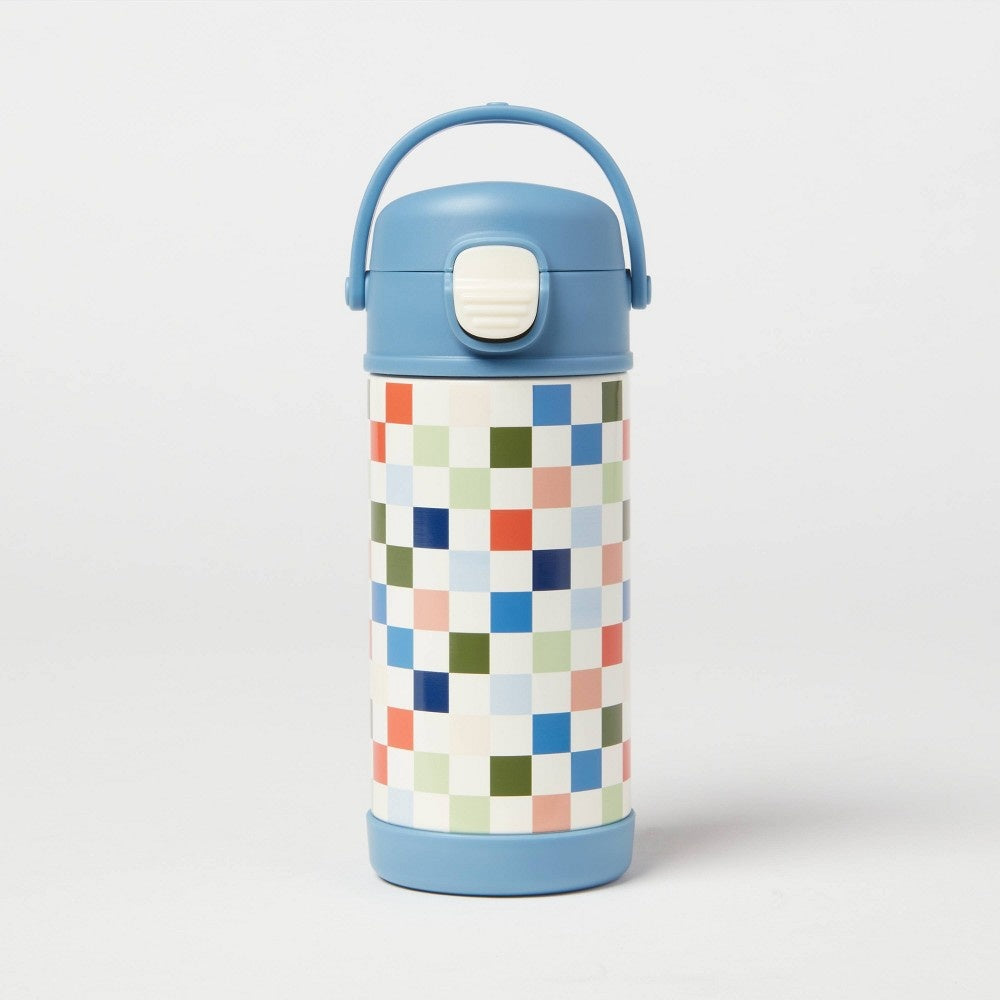Kids' 12oz Checkered Stainless Steel Portable Drinkware Water Bottle Blue - Pillowfort
