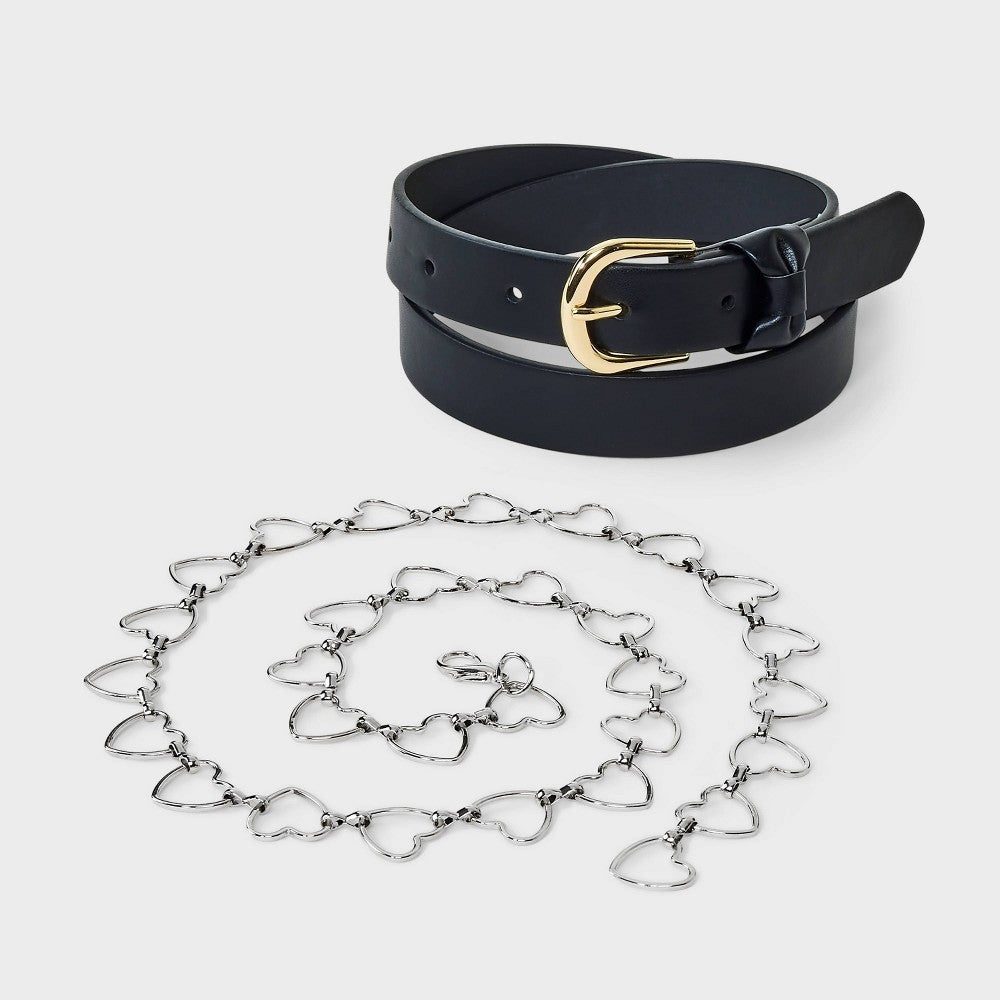 Girls' S 2pk Bow and Heart Chain Belt - Art Class Black/Silver Adjustable Skinny Belts, Polyurethane & Bonded Leather