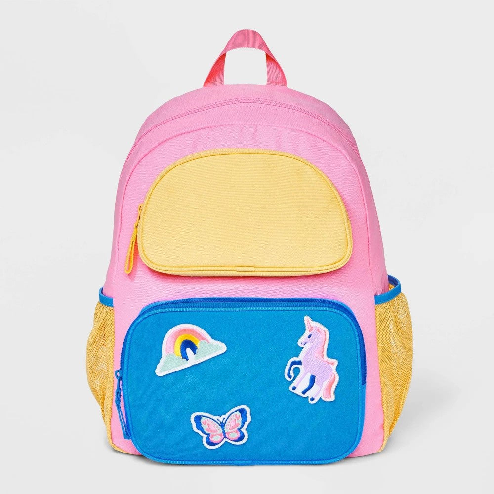 Kids' Colorblock with Removable Patches Two Pocket Backpack - Cat & Jack Blue/Yellow/Pink: Elementary School Bookbag