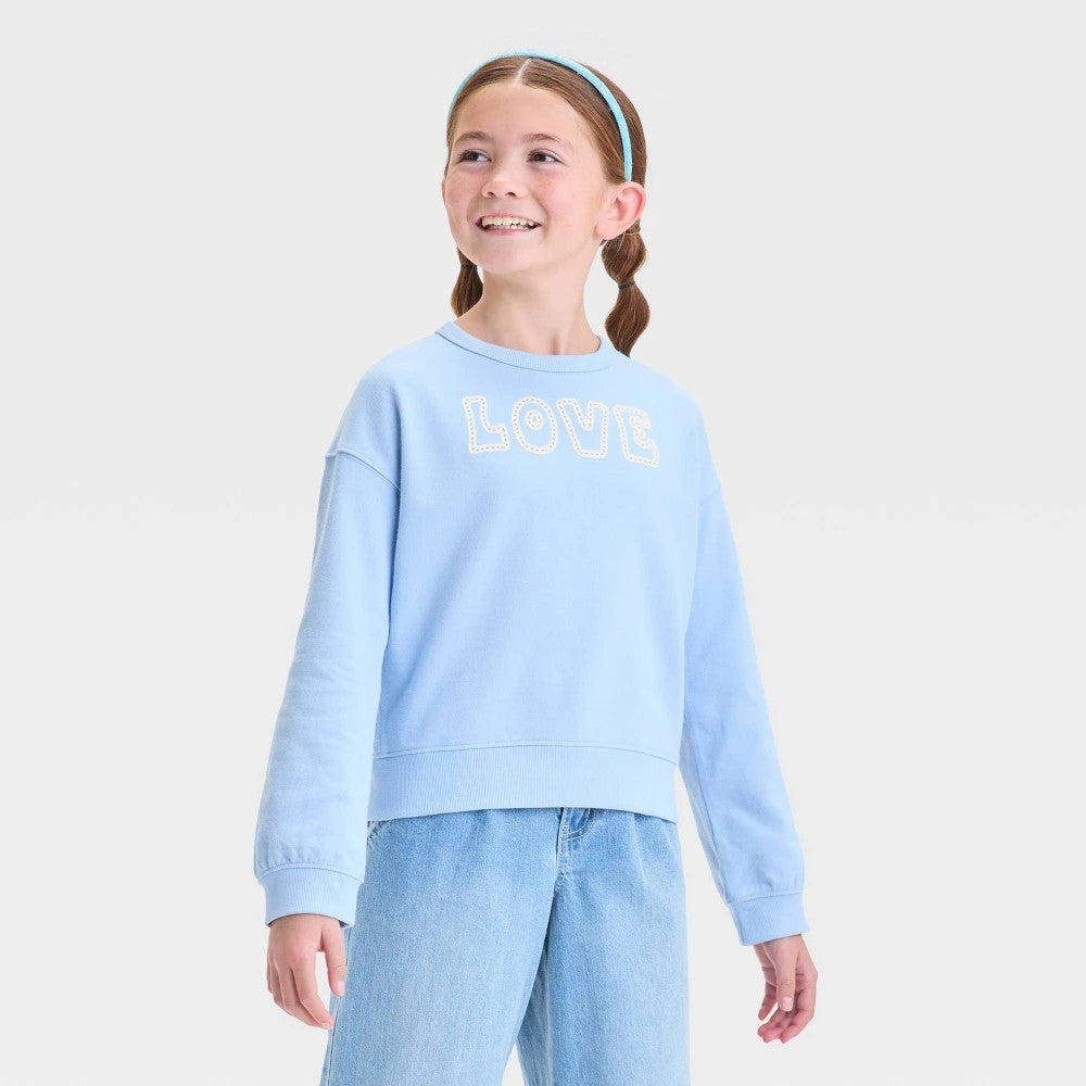 Girls' L(10/12) - 'Love' French Terry Pullover Sweatshirt - Cat & Jack Light Blue