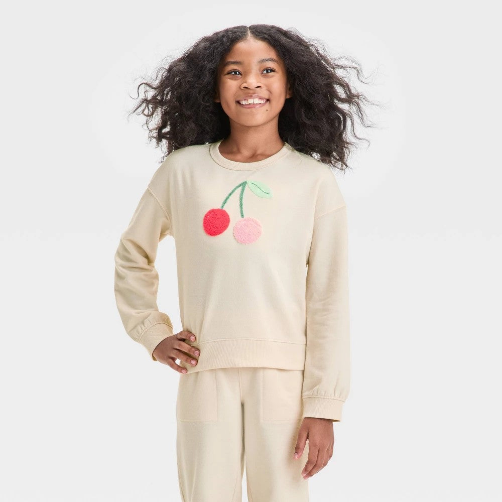 Girls' S(6/7) - 'Cherries' French Terry Pullover Sweatshirt - Cat & Jack Beige