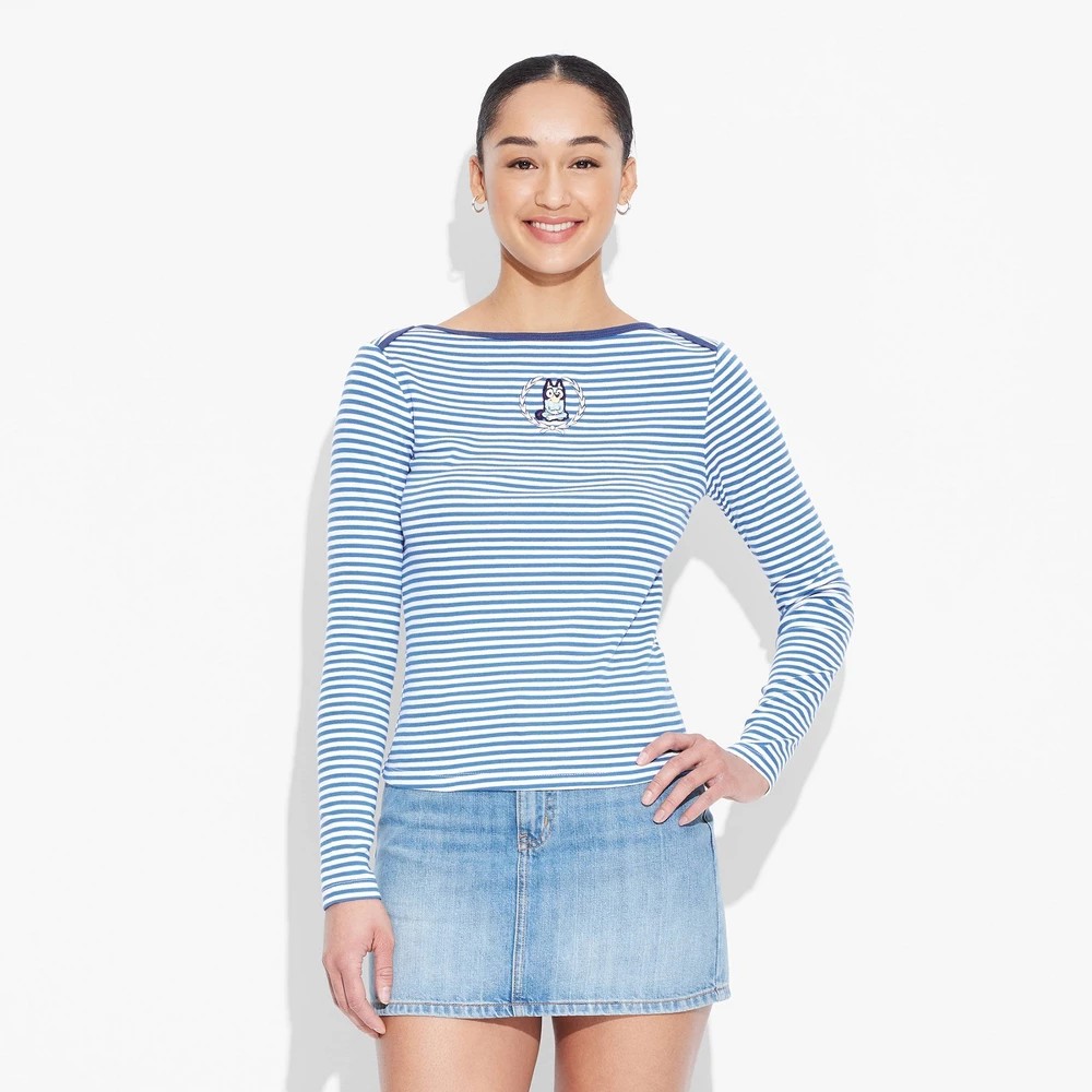 Women's XL Bluey Striped Long Sleeve Graphic T-Shirt - Blue