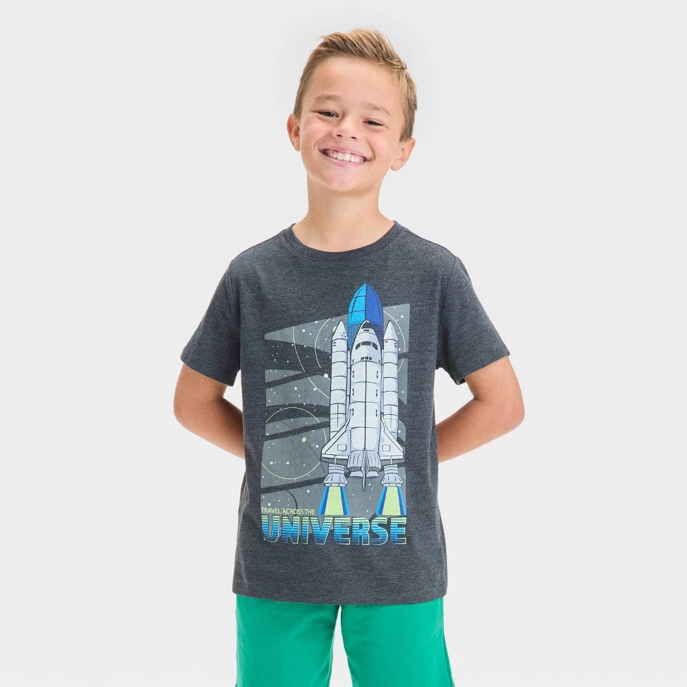 Boys' 2XL (16/18) Husky Short Sleeve 'Travel Across the Universe' Graphic T-Shirt - Cat & Jack Black Crew Neck, Spaceship Design