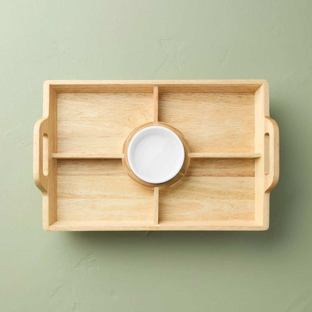 11x16 Wood Serving Tray with Ceramic Bowl Insert Brown/Cream