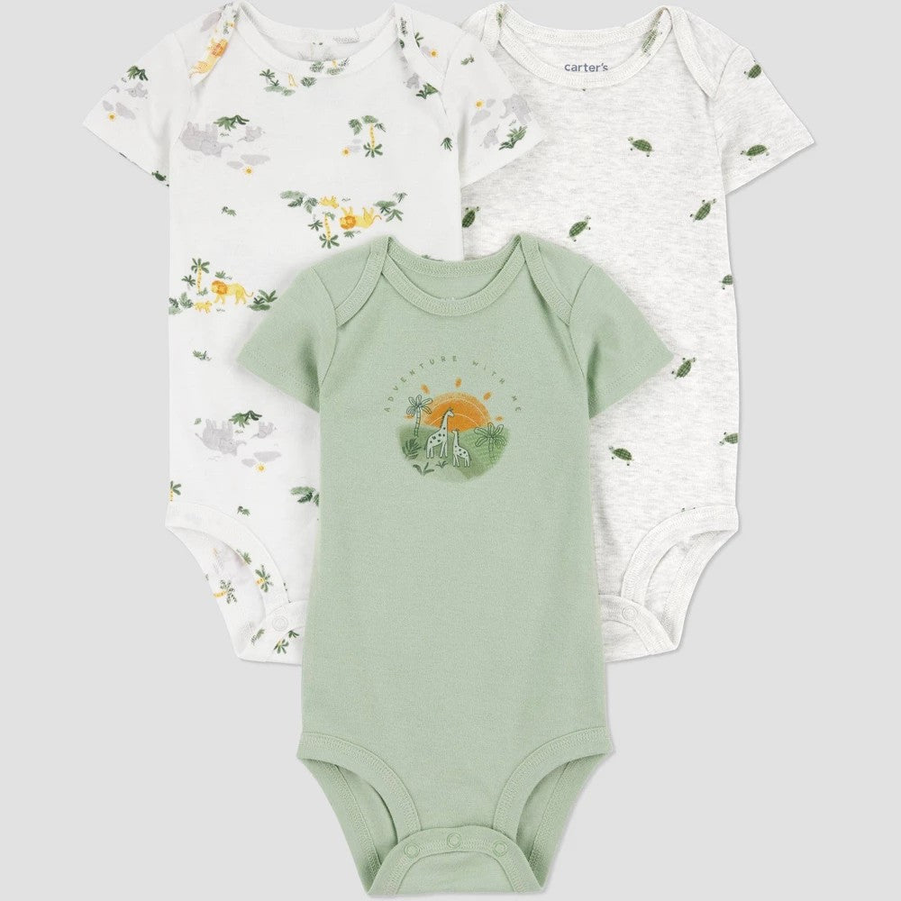 Boys' 24M Carter's Just One You Baby 3pk Bodysuit - Gray/Green Jungle Animal Pattern, Short Sleeve, Crotch Snap