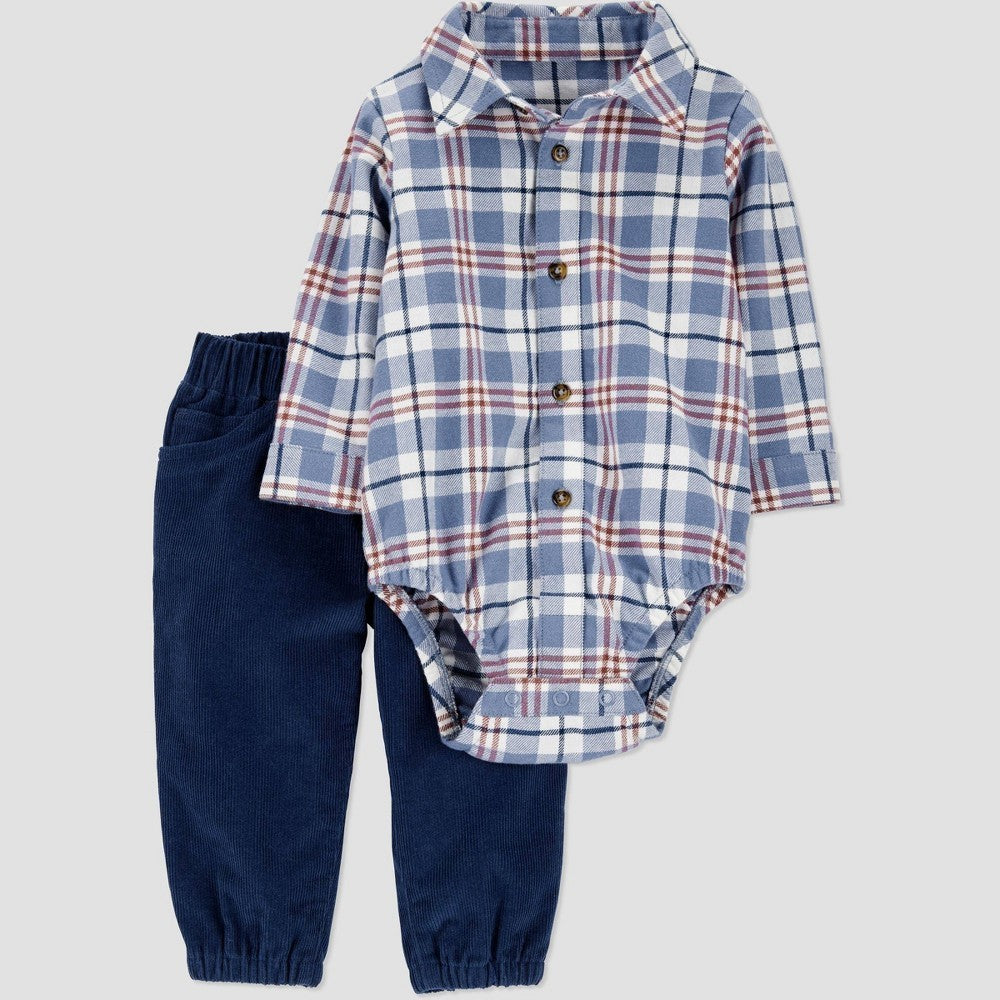 Boys' 9M Carter's Just One You Baby 2pc Plaid Button up Bodysuit and Pants Set - Blue