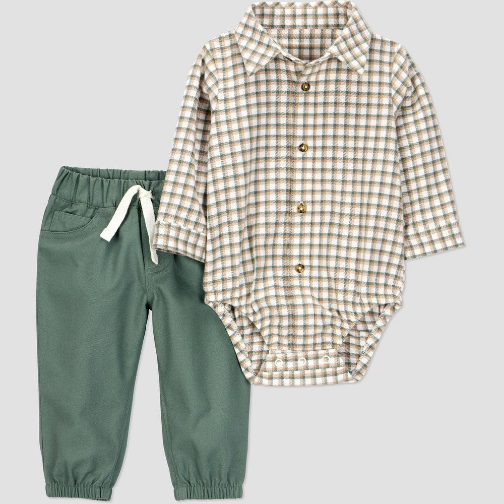 Boys' 24M - Carter's Just One You 2pc Plaid Button-up Bodysuit and Pants Set - Green