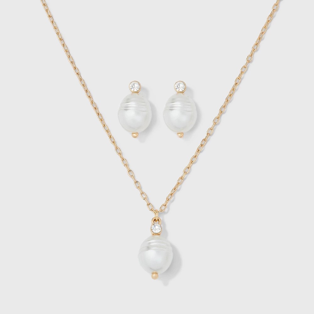Pearl Drop Earring and Necklace Set 2pc - A New Day Gold