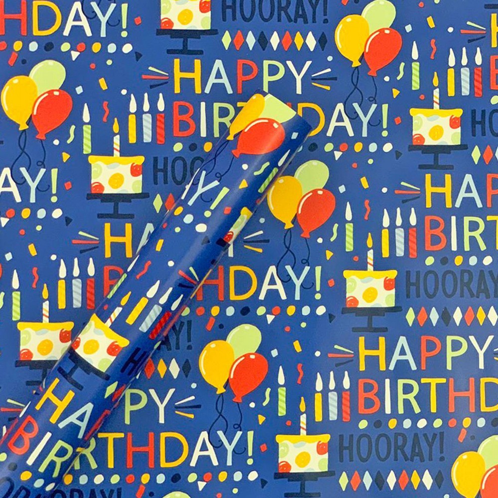 "Happy Birthday" Script and Balloons Gift Wrapping Paper Blue - Spritz