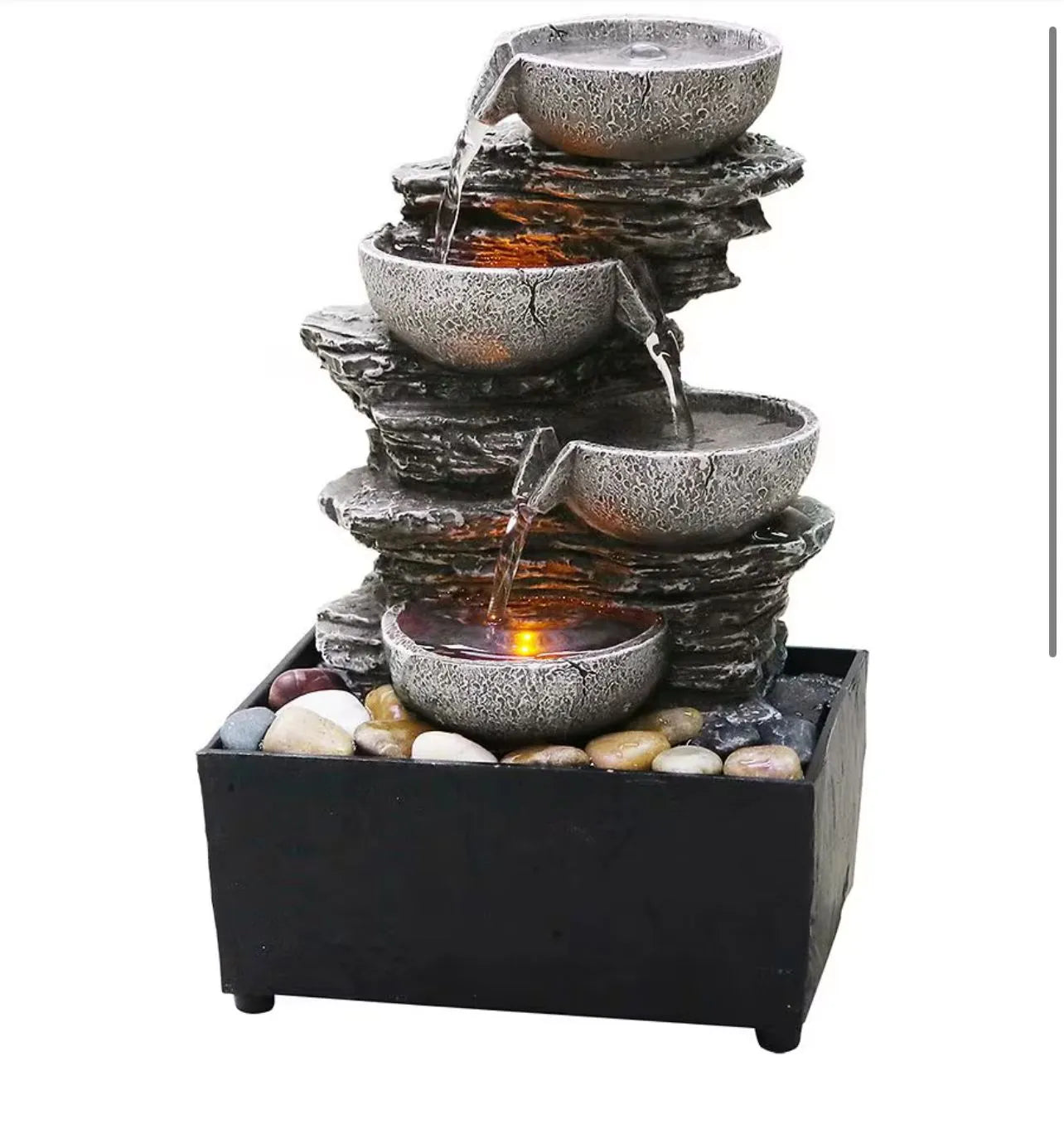 LED 4 Tier Tabletop Fountain By Modern Expressions. Battery and USB Operated. Requires two (2) AA Batteries (not included)