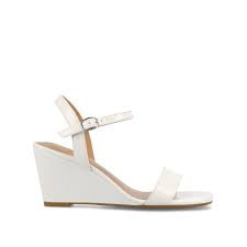 Women's 7 Journee Clayr Ankle Strap Wedge Heels White Patent