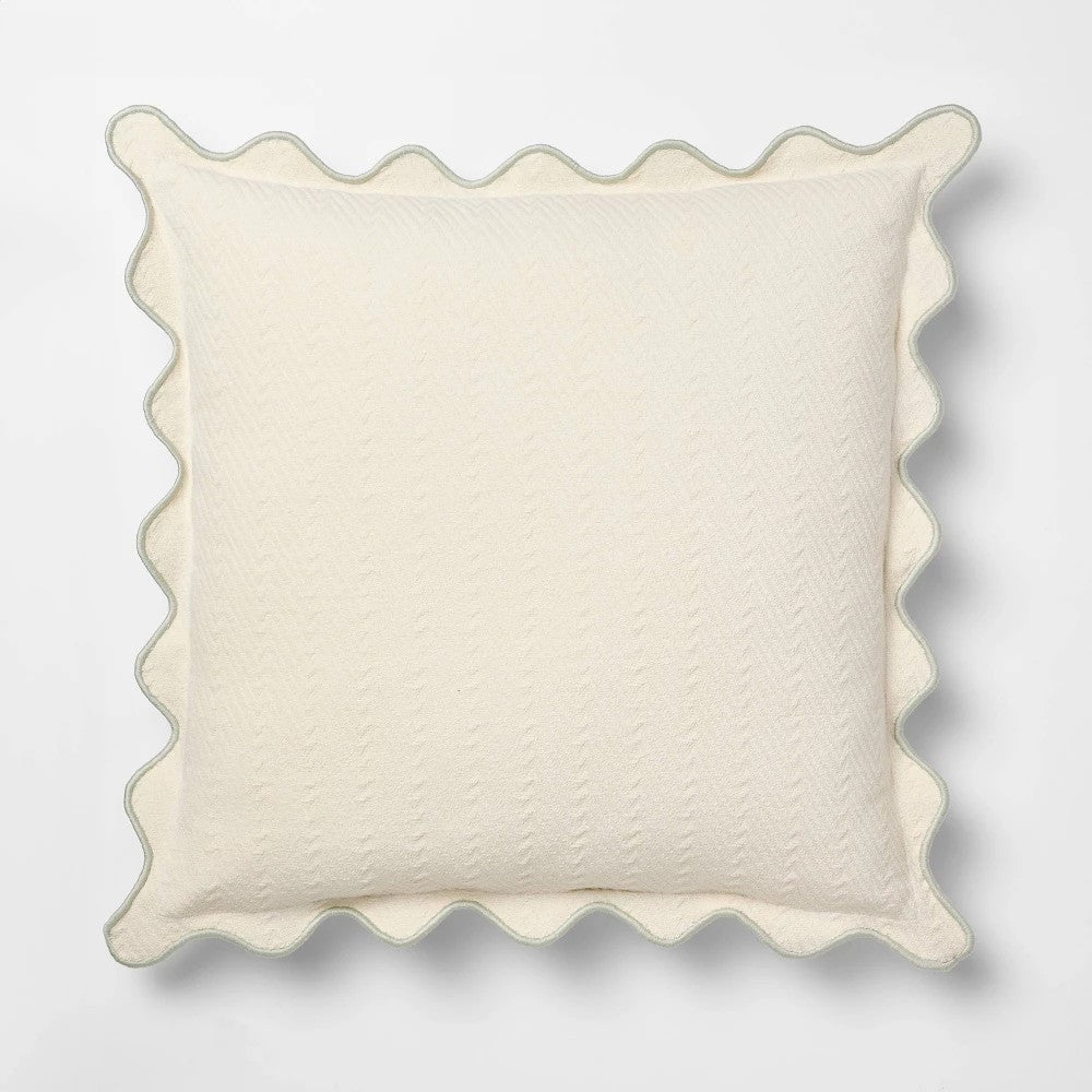 Square Herringbone W/ Scalloped Edge Cream and Army Green - Threshold Designed with Studio McGee