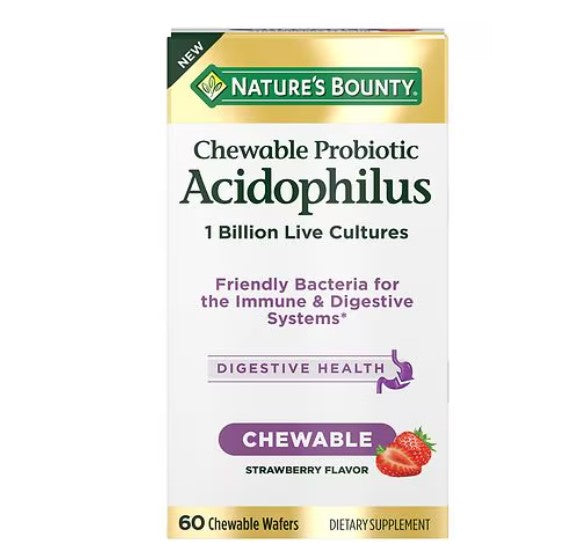 Nature's Bounty, Chewable Probiotic Acidophilus, Strawberry, 1 Billion, 60 Chewable Wafers *Exp 12/25*