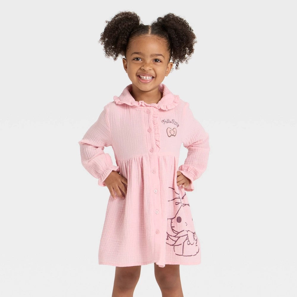 Girls' 4T - Hello Kitty Long Sleeve Gauze Dress - Pink