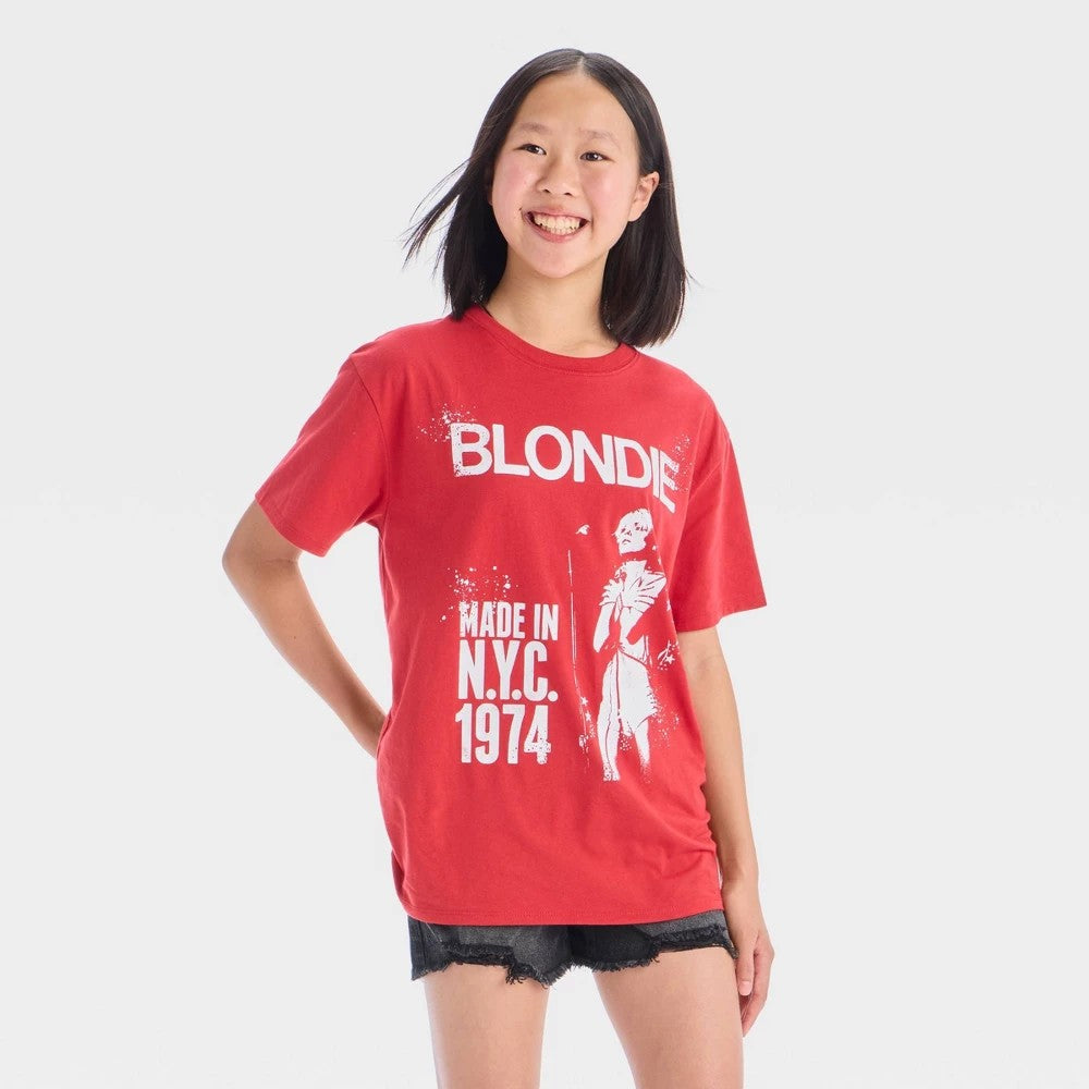 Girls' S - Blondie Oversized Graphic T-Shirt - Red Cotton Recycled Polyester, Crew Neck, Short Sleeve