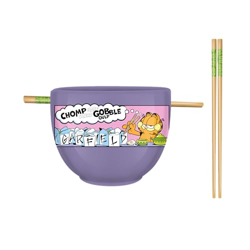 Garfield Eating Takeout Ceramic Ramen Noodle Rice Bowl with Chopsticks Microwave Safe 20 Ounces