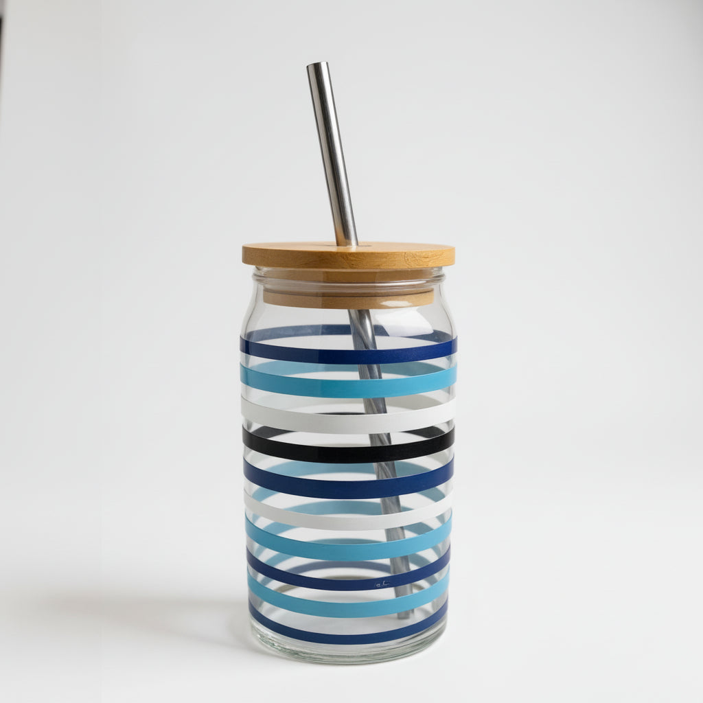20oz Glass Tumbler with Bamboo Lid & Metal Straw Stripes Blue