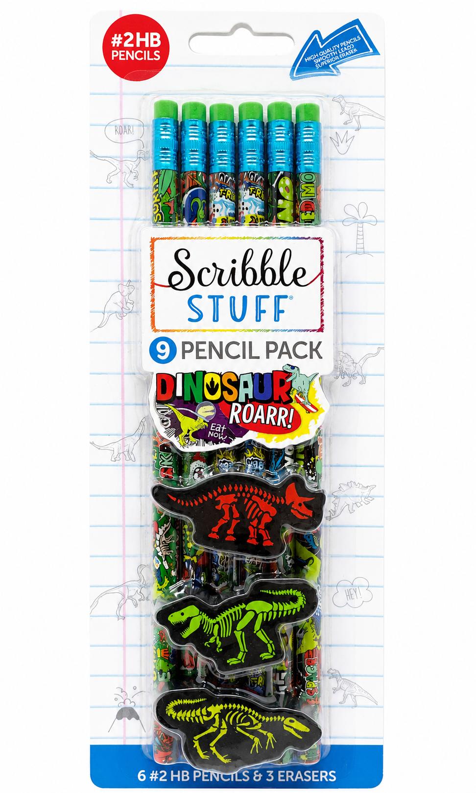 Scribble Stuff Dinosaur Roarr Pencil & Eraser Set 6 HB Pencils 3 Dino Erasers