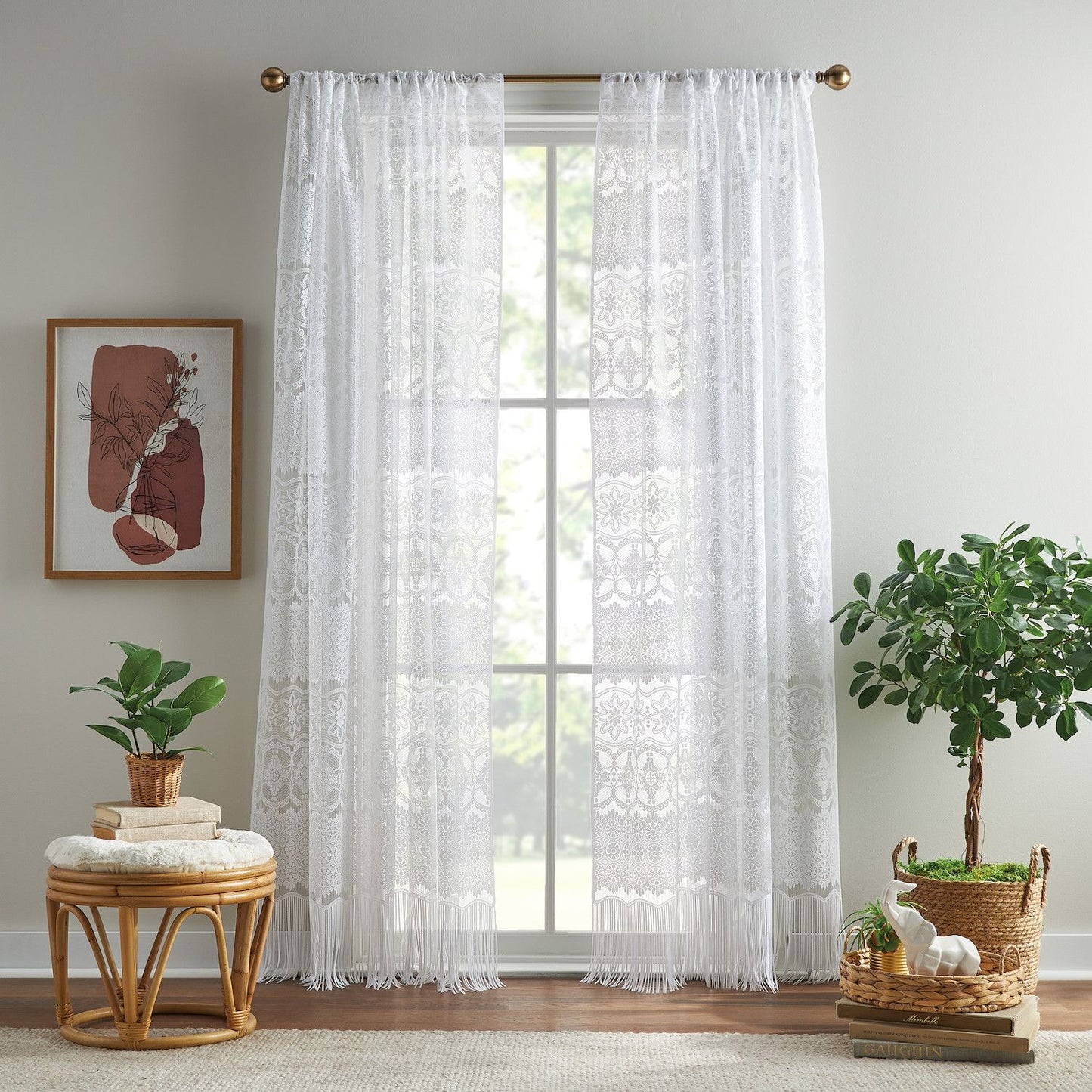 CHF Boho Lace Poletop Ivory Curtains 60 x 108 Inch