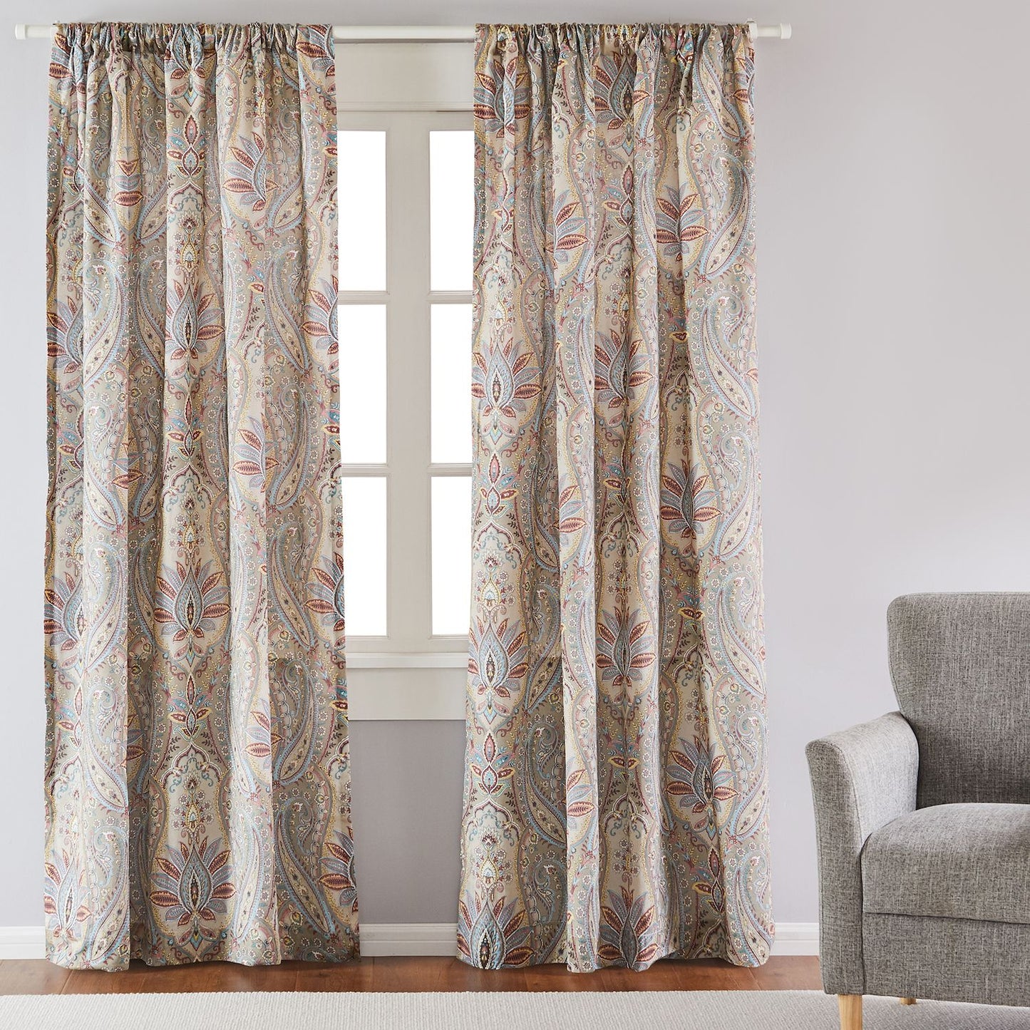 Levtex Home - Kasey - Window Panels with Rod Pocket - Two Curtains 84 Inch Length - Ogee Medallion - Taupe Grey Teal Burgundy - 100% Cotton - Lined