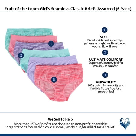 Girls' 14/16 Fruit of the Loom Seamless Classic Briefs Assorted (6 Pack)