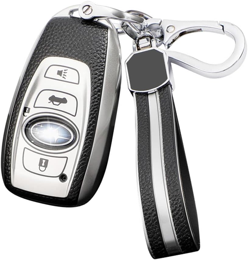 leather keychain Key fob cover for Subaru BRZ Legacy Outback Ascent Crosstrek Forester WRX accessories(silver)