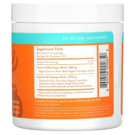 Further Superfood Turmeric Golden Milk Organic Powder, Cinnamon Ginger & Black Pepper Maximum Absorption, Joint Pain, Gut Health, Sugar-Free, Vegan 30 Servings 2.12 oz *Exp 01/2028*
