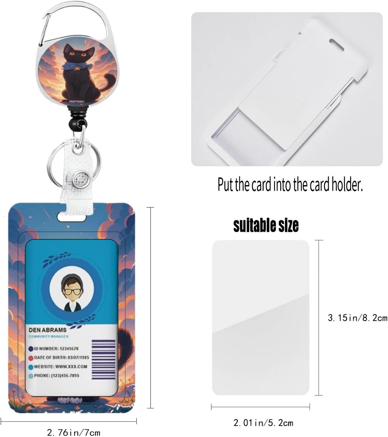 Cute Anime Black Cat ID Badge Holder with Lanyard Retractable Badge Reel Heavy Duty and Detachable Name Tag Clips Fashionable Vertical Card Protector for Women Student Teacher Nurse Office