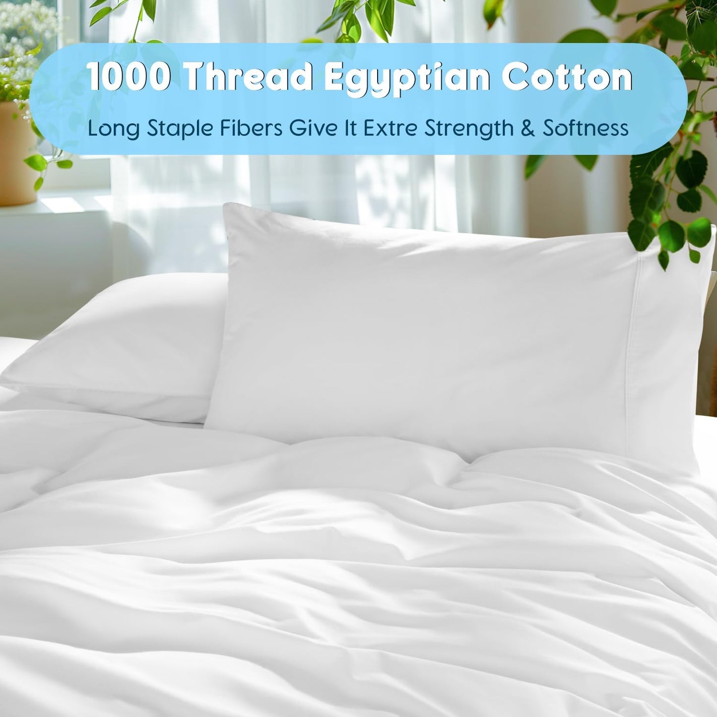 SONORO KATE 100% Egyptian Cotton Sheets Set - 1000 High Thread Count, Luxury 5-Star Hotel Sateen Bed Sheets, Soft, Breathable Long Staple Sheets, - 4 PC (White,King)