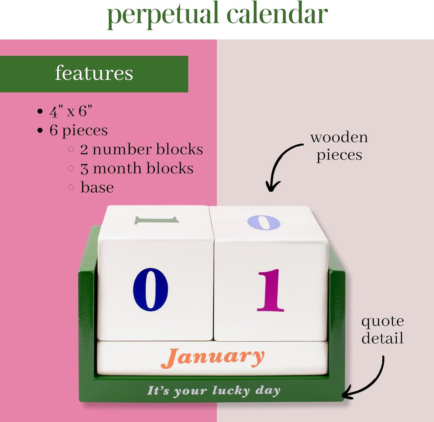 Kate Spade New York Desktop Perpetual Wooden Block Calendar 6 x 4 Inch, Lucky Day