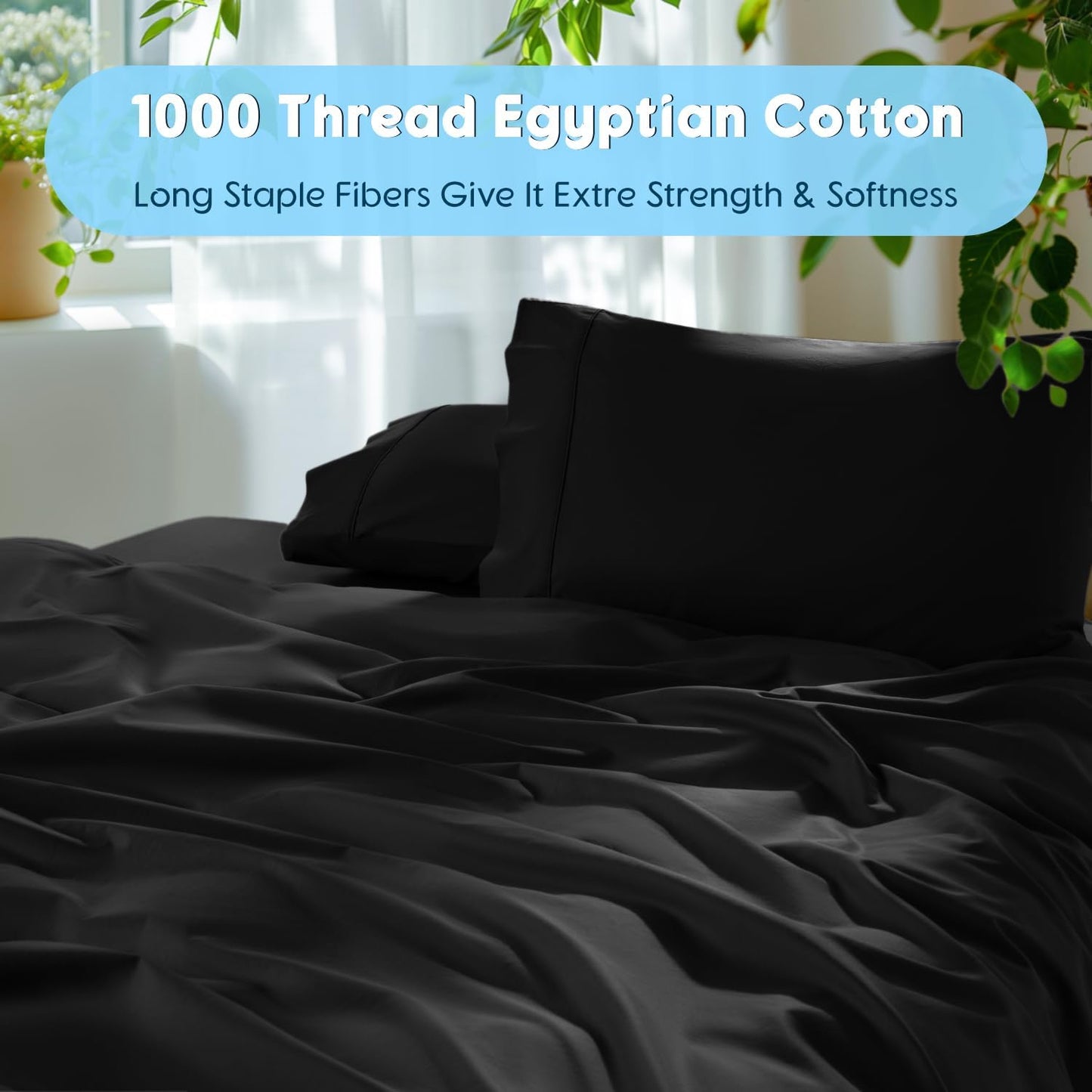 SONORO KATE 100% Egyptian Cotton Sheets Set, Extra Deep Pocket up to 18-24,1000 High Thread Count, Soft & Breathable 5-Star Hotel Sateen Bed Sheets - 4 PC (Black,King)