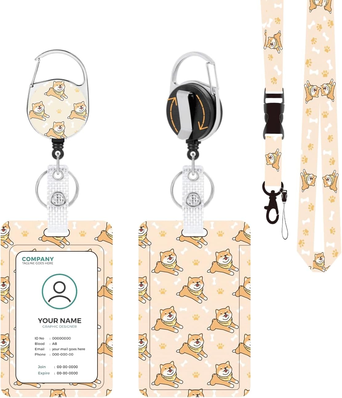 ID Badge Holder with Lanyard, Detachable Lanyard and Retractable Badge Reel Clip, Vertical ID Protector Bage Clips for Woman Man Teachers Students Office Workers Nurses - Playful Corgi