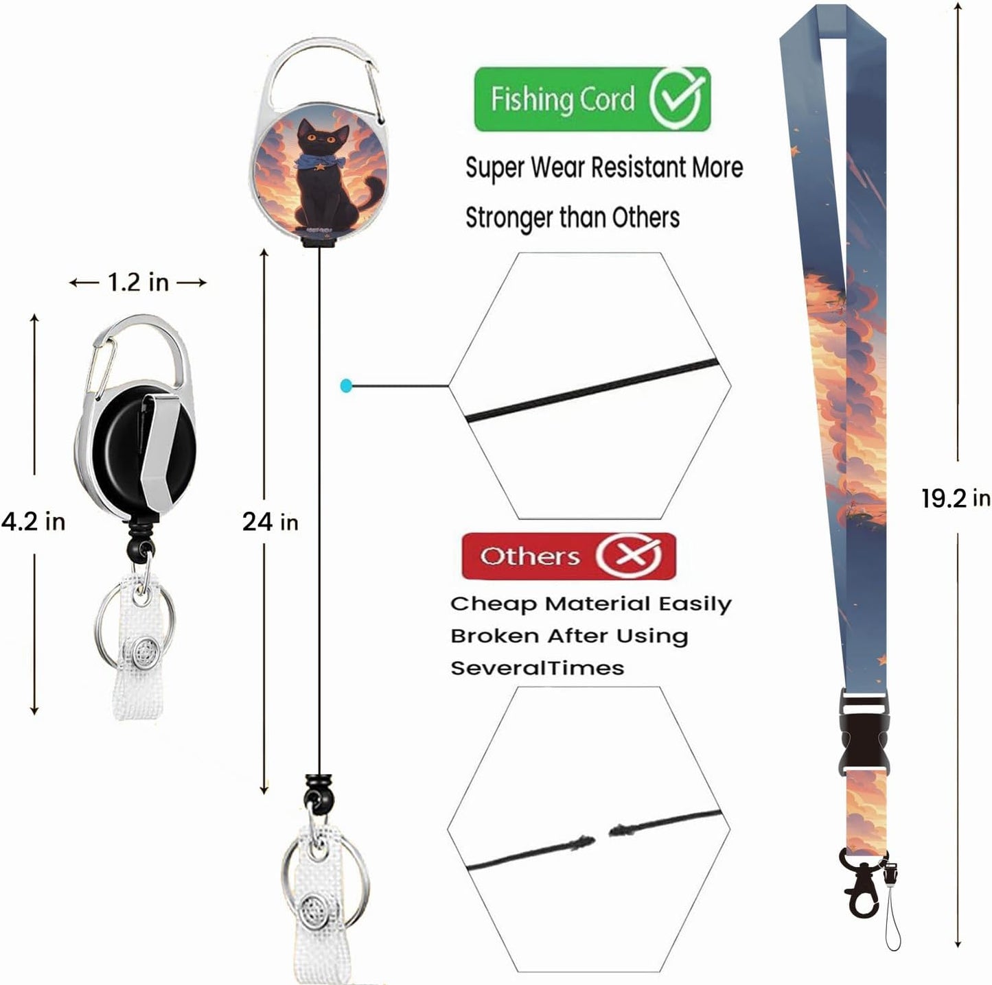 Cute Anime Black Cat ID Badge Holder with Lanyard Retractable Badge Reel Heavy Duty and Detachable Name Tag Clips Fashionable Vertical Card Protector for Women Student Teacher Nurse Office