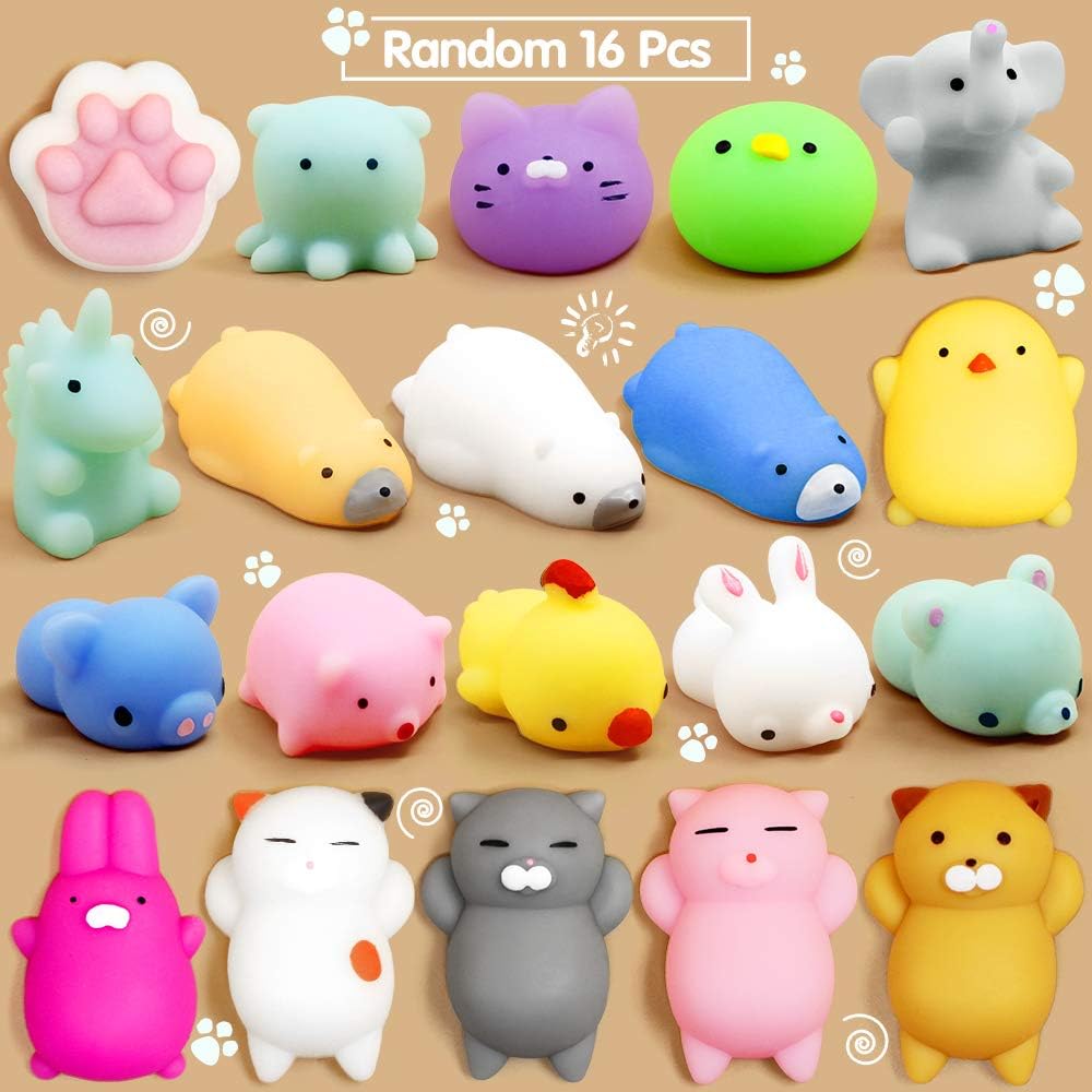 Mochi Squishy Toys, 16 Pcs Mini Squishy Party Favors for kids Animal Squishies Stress Relief Toys Cat Panda Unicorn Squishy Squeeze Toys Kawaii Squishies Birthday Gifts for Girls & Boys Random