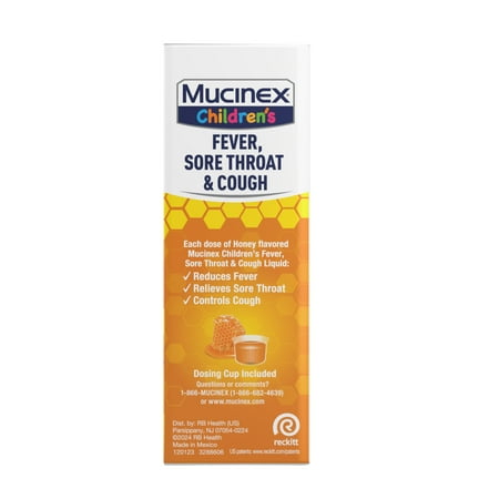 Mucinex Children's Fever, Sore Throat OTC' Cough Medicine for Kids, Honey Flavor Liquid, 4 fl oz *Exp 04/2026*