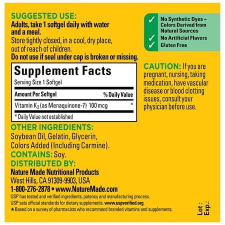 Nature Made Vitamin K2 100 mcg Softgels, Dietary Supplement for Bone Support, 30 Count **Exp:09/2025**