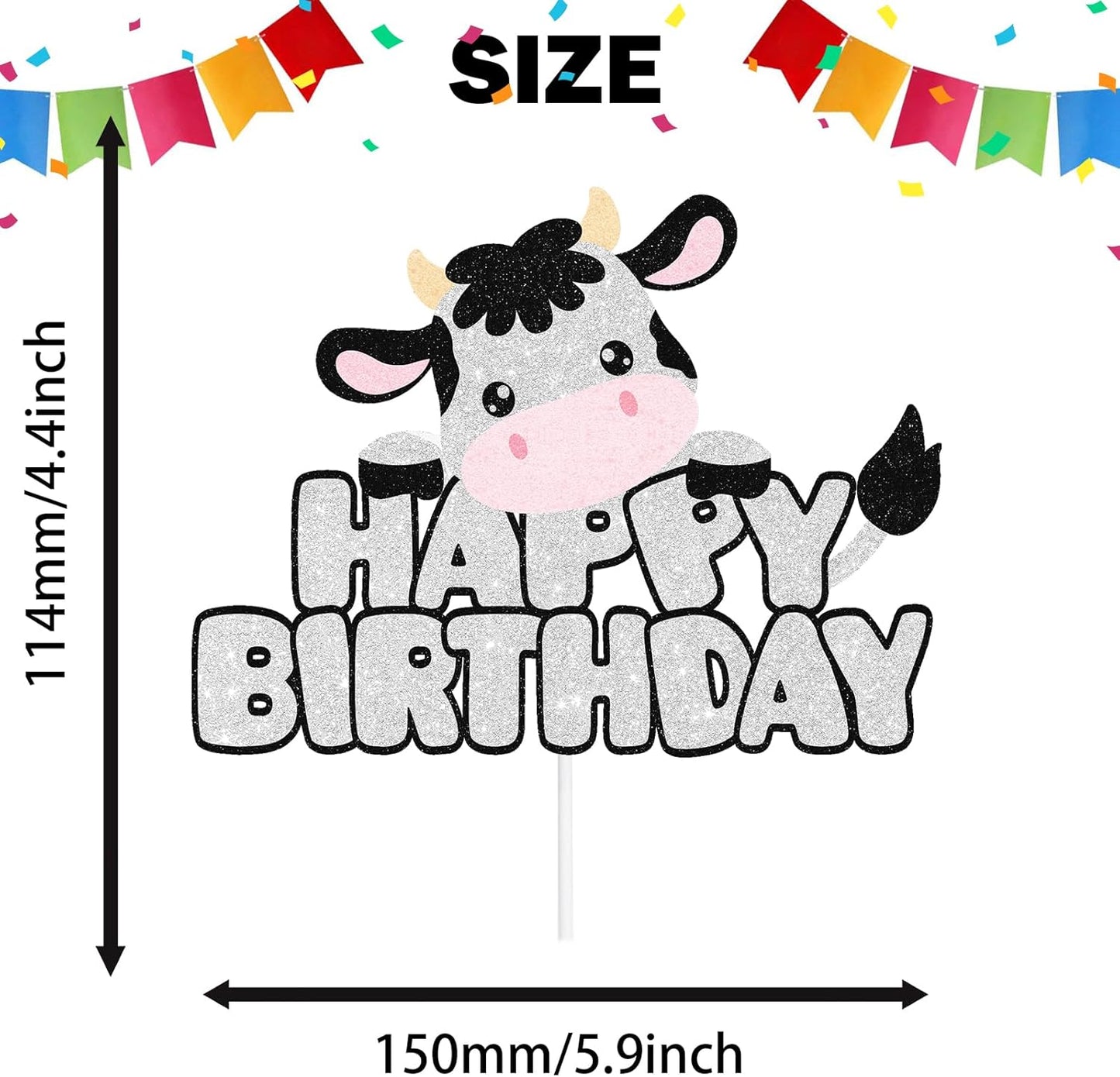 Cow Happy Birthday White Glitter Cake Topper Farm Animals Birthday Cow Cake Pick for Cow Theme Cake Decor Boys or Girls Birthday Decorations Party Supplies