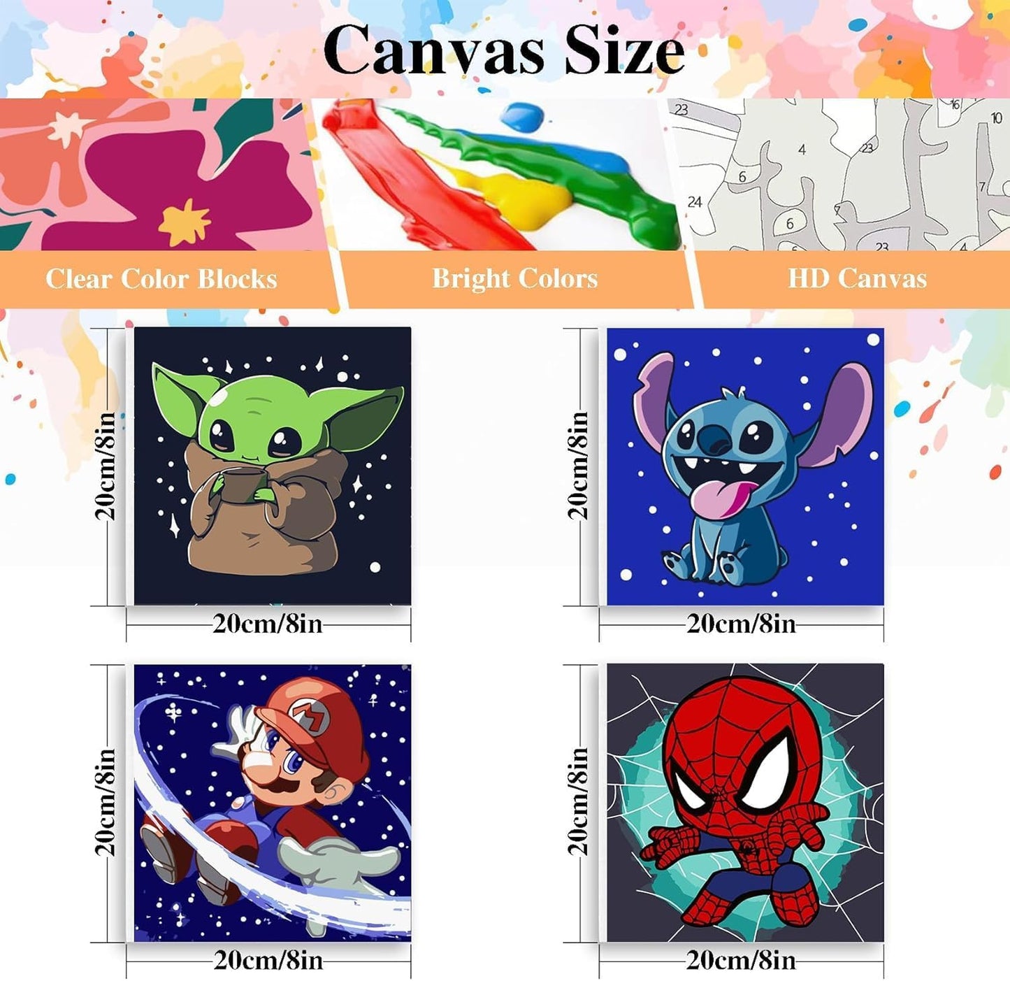 4 Pack Paint by Numbers Kit for Kids, Cartoon Framed Easy Paint by Numbers Kits for Kids Ages 4-8-12,DIY Acrylic Oil Painting for Home Wall Decor(8x8inch)