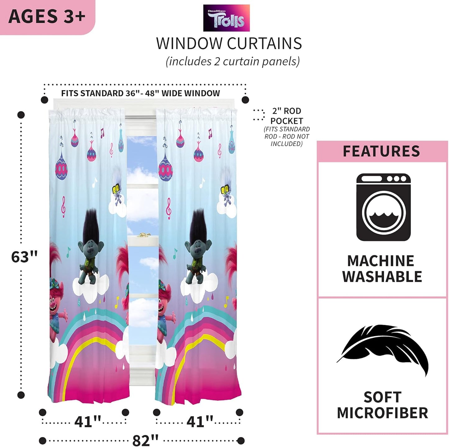 Franco Kids Window Curtain Panels Drapes Set, 82 in x 63 in, Trolls World Tour
