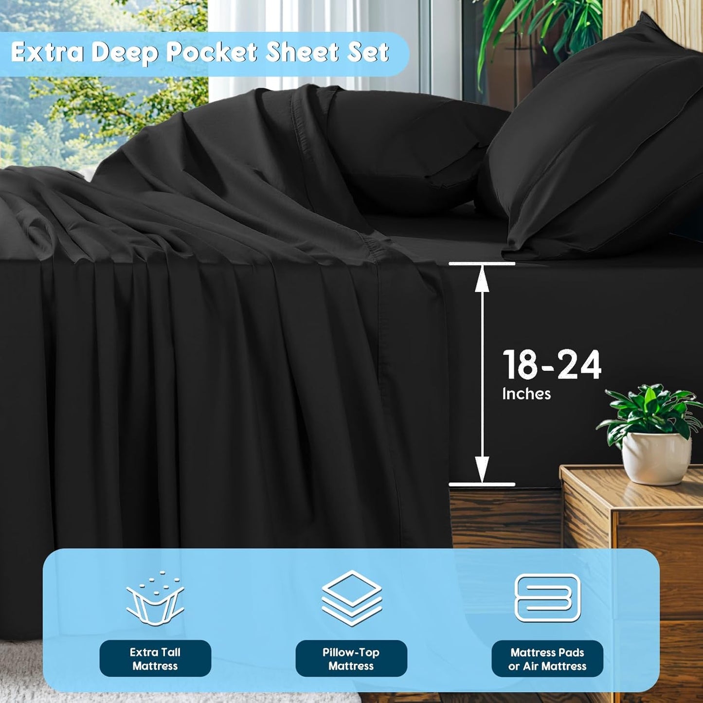 SONORO KATE 100% Egyptian Cotton Sheets Set, Extra Deep Pocket up to 18-24,1000 High Thread Count, Soft & Breathable 5-Star Hotel Sateen Bed Sheets - 4 PC (Black,King)
