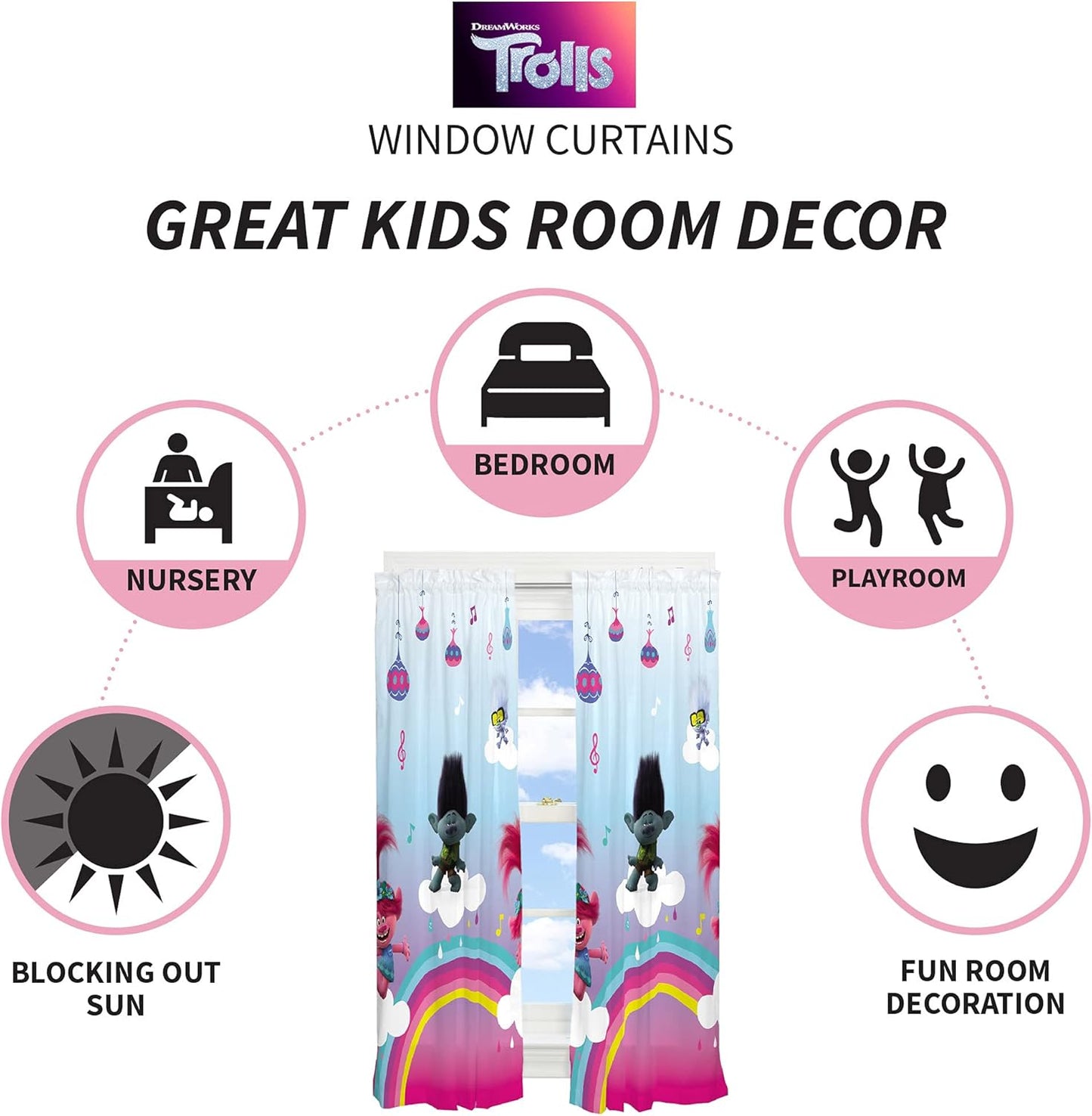 Franco Kids Window Curtain Panels Drapes Set, 82 in x 63 in, Trolls World Tour