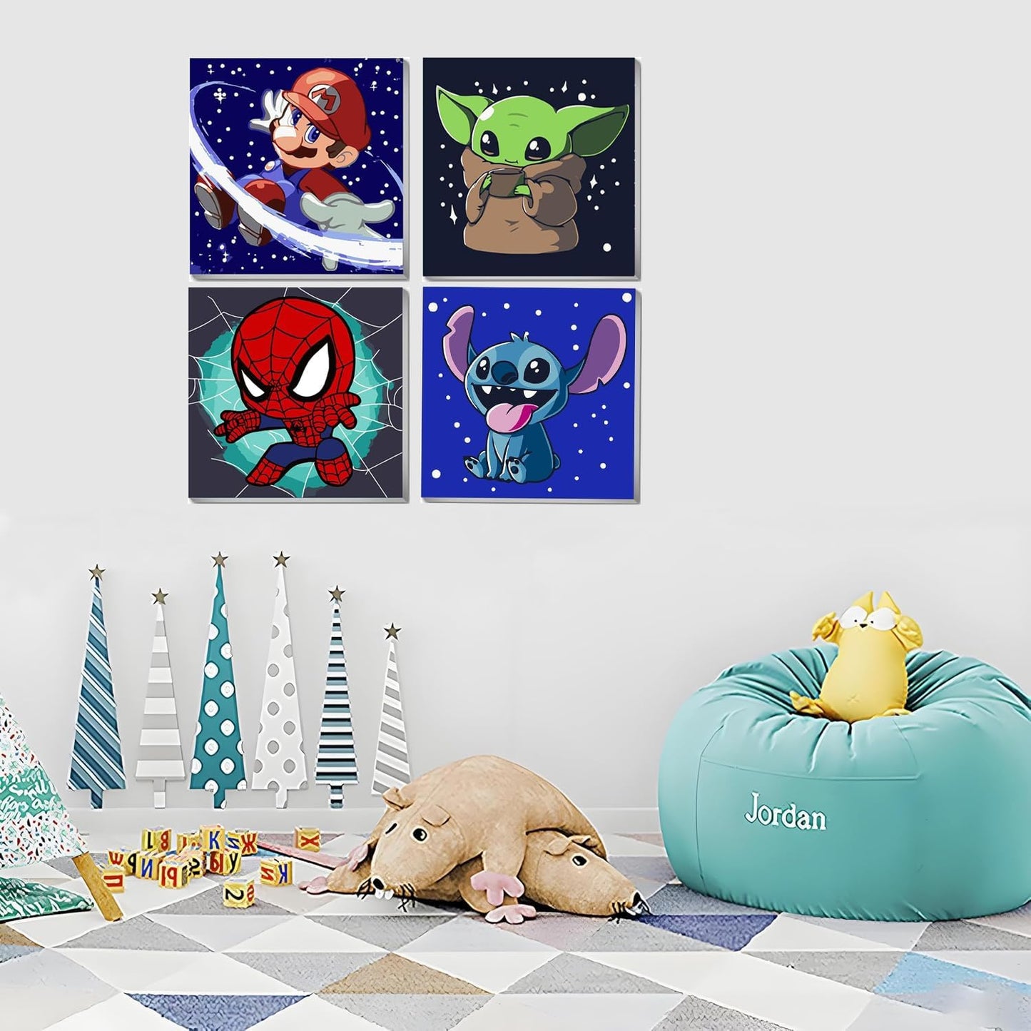 4 Pack Paint by Numbers Kit for Kids, Cartoon Framed Easy Paint by Numbers Kits for Kids Ages 4-8-12,DIY Acrylic Oil Painting for Home Wall Decor(8x8inch)