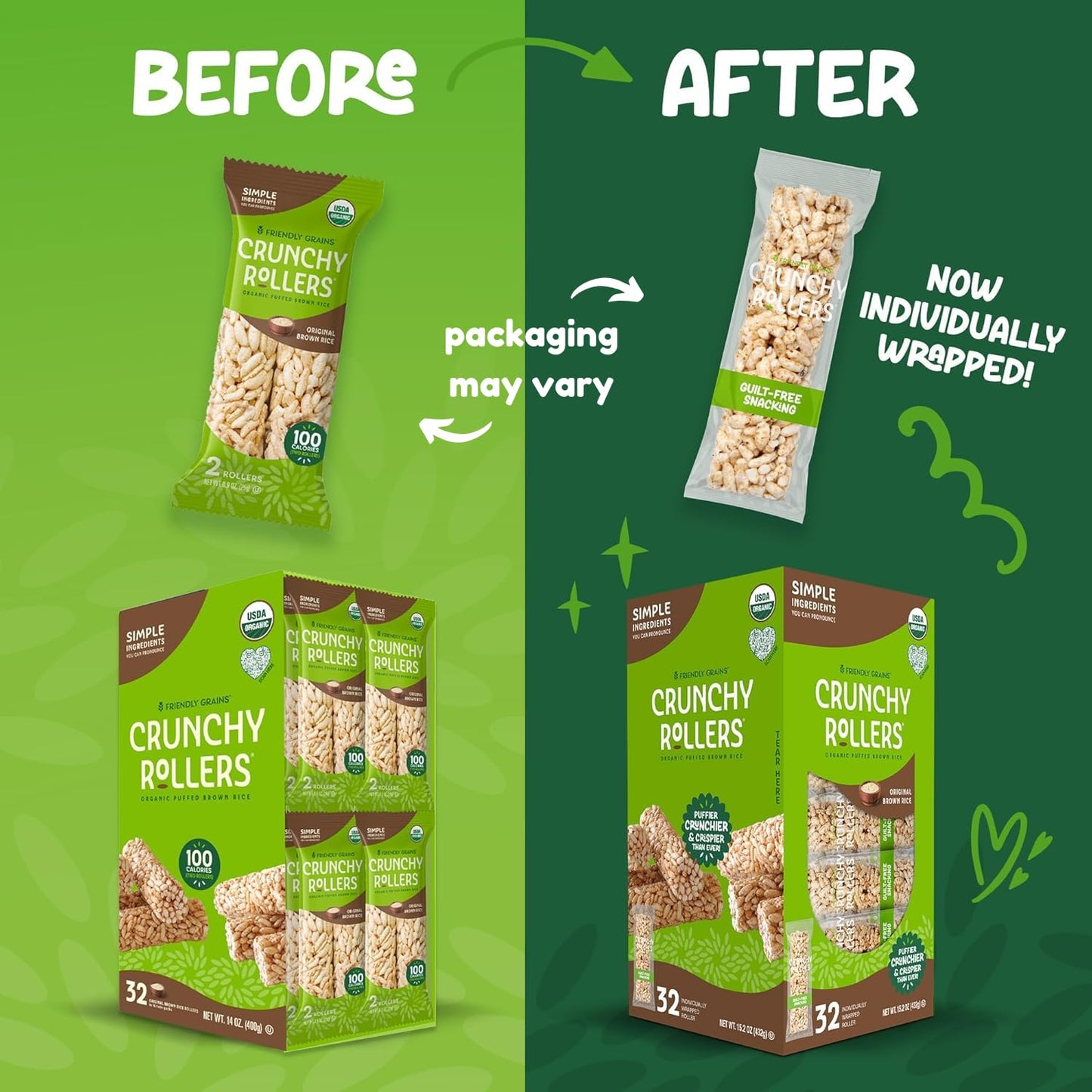 Original Brown Rice Crunchy Rollers - Organic Rice Healthy Snack Crispy Puffed Rolls for Adults and Kids - Friendly Grains (32 Count) **Exp 08/09/26** *Damaged Box*