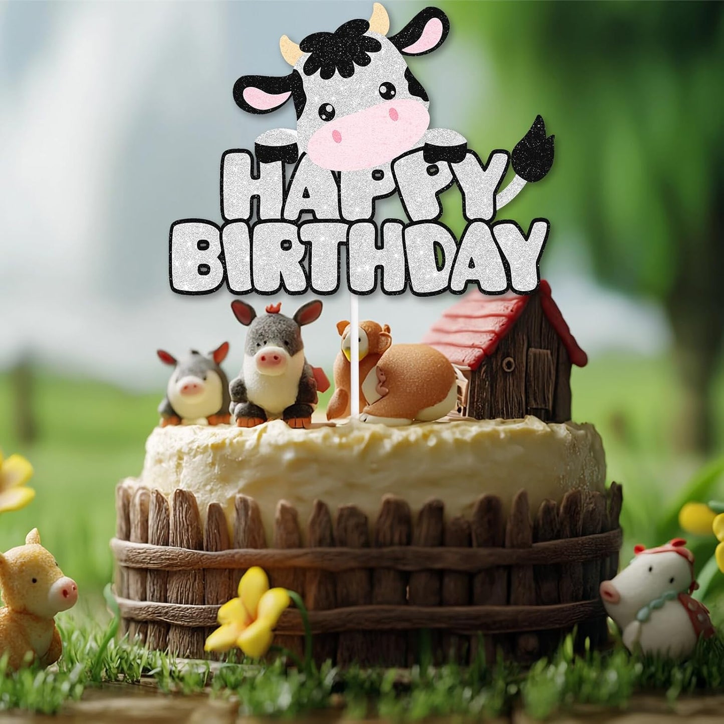 Cow Happy Birthday White Glitter Cake Topper Farm Animals Birthday Cow Cake Pick for Cow Theme Cake Decor Boys or Girls Birthday Decorations Party Supplies