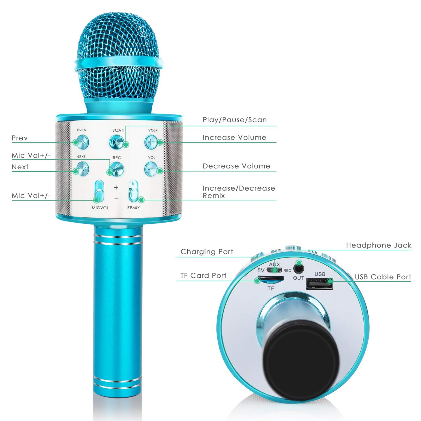 Wireless Bluetooth Karaoke Microphone for Kids (Blue)