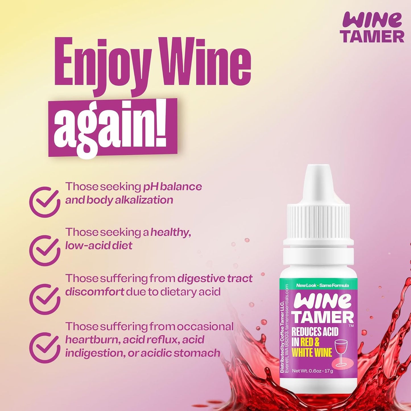 Wine Tamer Liquid Drops - Reduces Acid in Red & White Wine - Odorless & Tasteless, Safe Ingredients - Keto Friendy - Sugar, Calorie, & Gluten Free - 100+ Servings 6oz Dropper Bottle