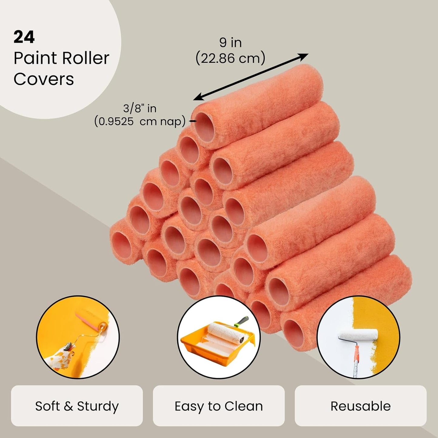 Juvale 9-Inch Paint Roller Covers - 24 Pack 3/8-Inch Nap Paint Roller Brushes, Painting Roller Covers, Home Repair Tools for All Types of Paints