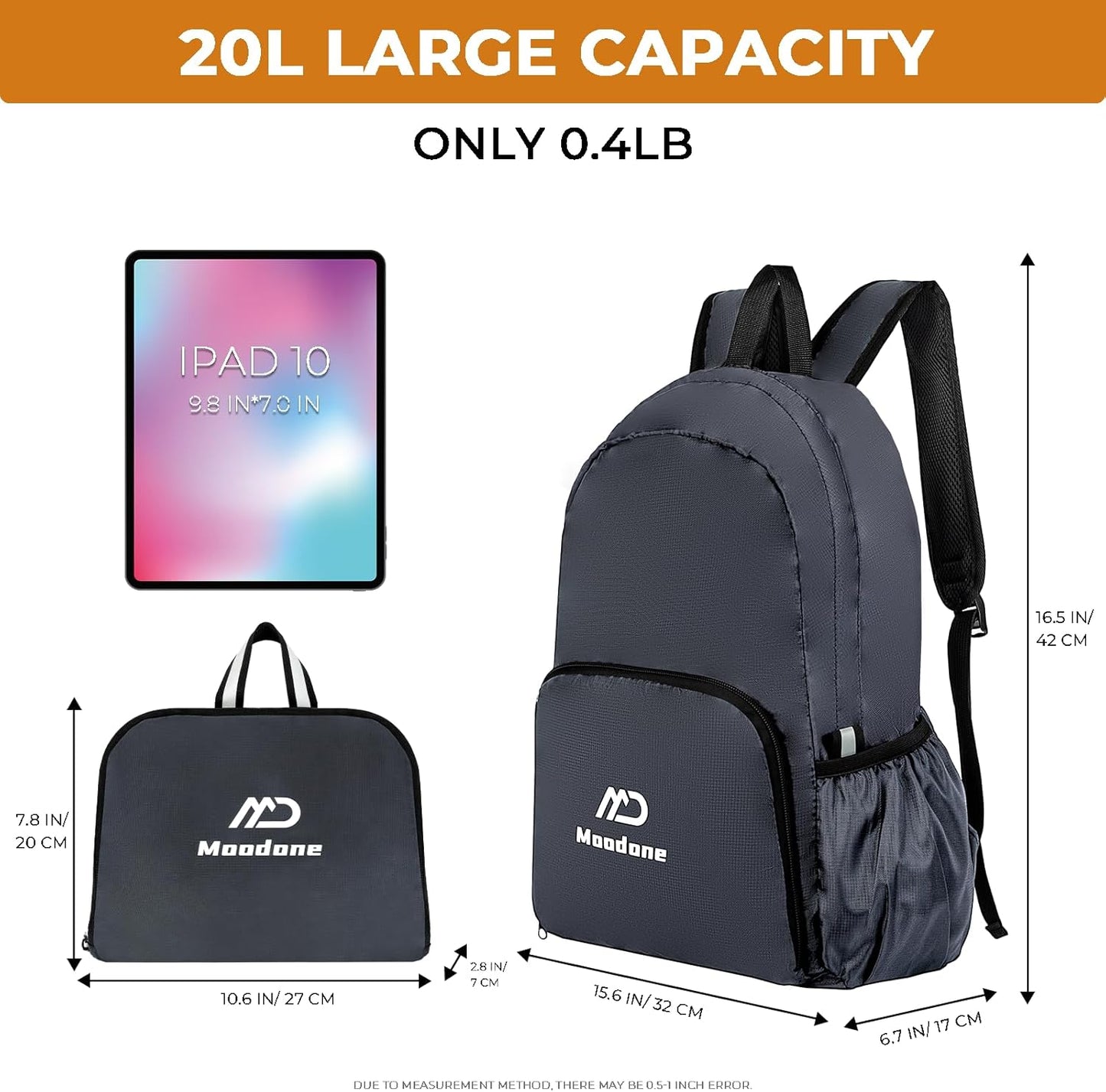 20L Lightweight Packable Hiking Backpack - Small Travel Backpack for Women Men, Foldable Waterproof Daypack for Camping Outdoor Venture - Grey