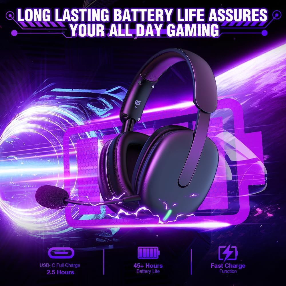TA82 Wireless Gaming Headset for PS5 PS4 PC Mac Switch, 2.4GHz USB Gamer Headphones with Noise Isolating Microphone, 7.1 Surround Sound - Black