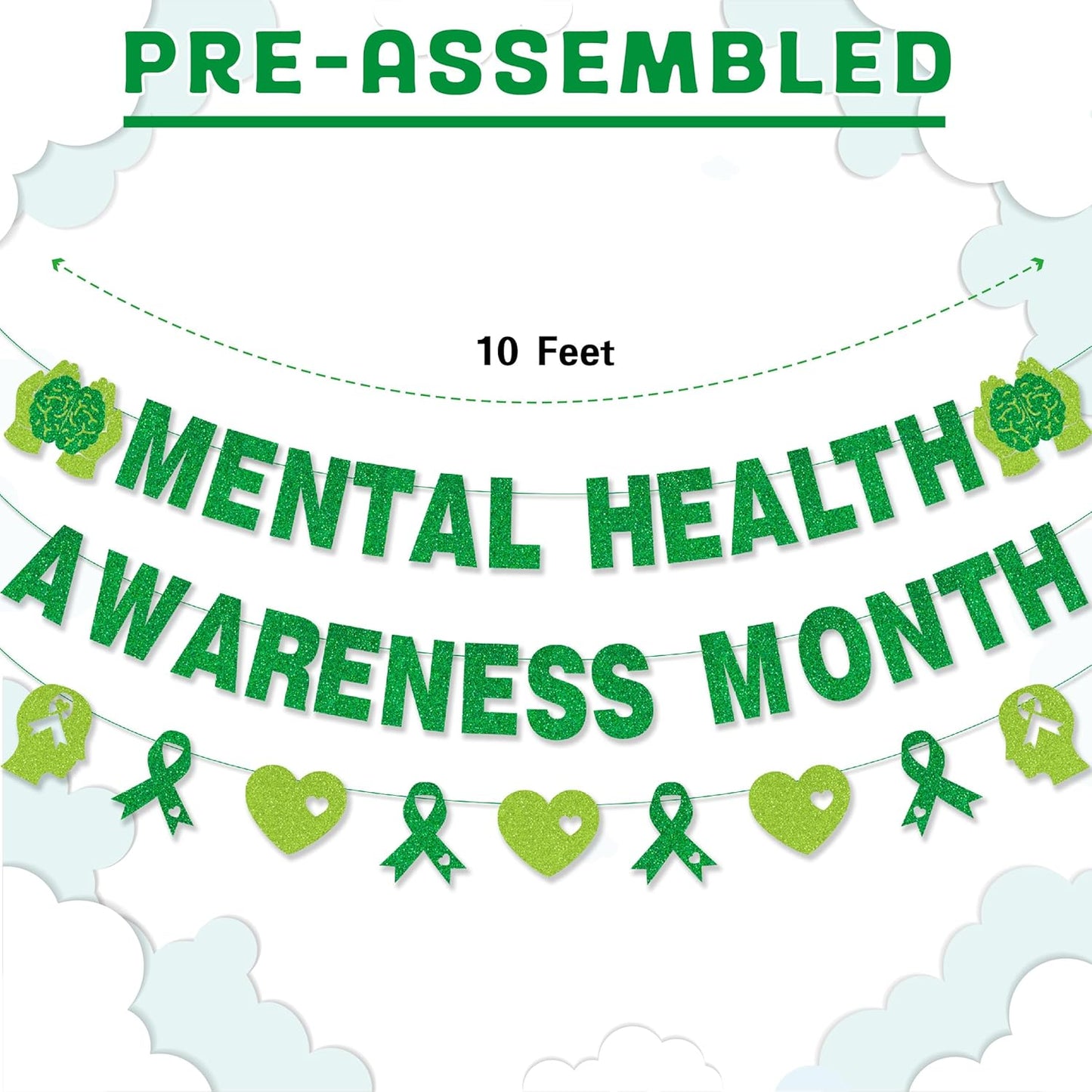 Mental Health Awareness Month Banner No DIY Glitter Green Mental Health Awareness Month Bulletin Board Decorations for School Classroom Outdoor May Mental Health Month Party Supplies